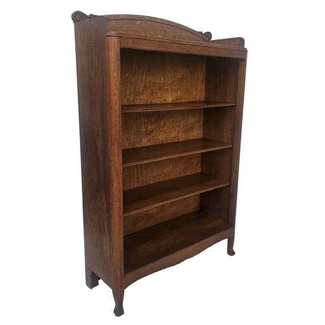 Antique Mission Quarter Sawn Tiger Oak Narrow Open Bookcase With Birdseye Maple Back, c.1900 For Sale - Image 18 of 18