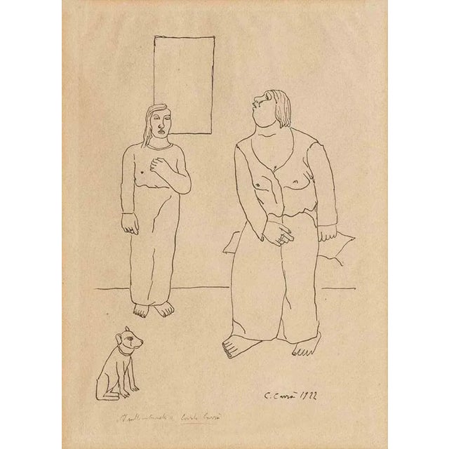 The Acrobats is an original modern artwork realized by Carlo Carrà in 1922. Lithograph on paper. Hand signed and dated on...