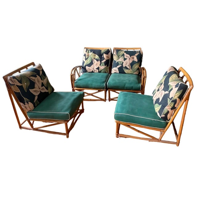 Wonderful barkcloth original fabric, with green seats, this 4 piece set can be configured in any way you like… a two...