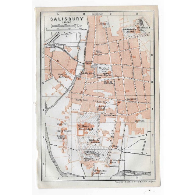 Vintage British map of the English town of Salisbury from a Great Britain travel guide.