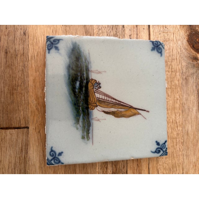 Delft Rescued Vintage 1974 Set of Eight (8) Hand Painted Dutch Delft Polychrome Tiles Sailing Ships For Sale - Image 4 of 9