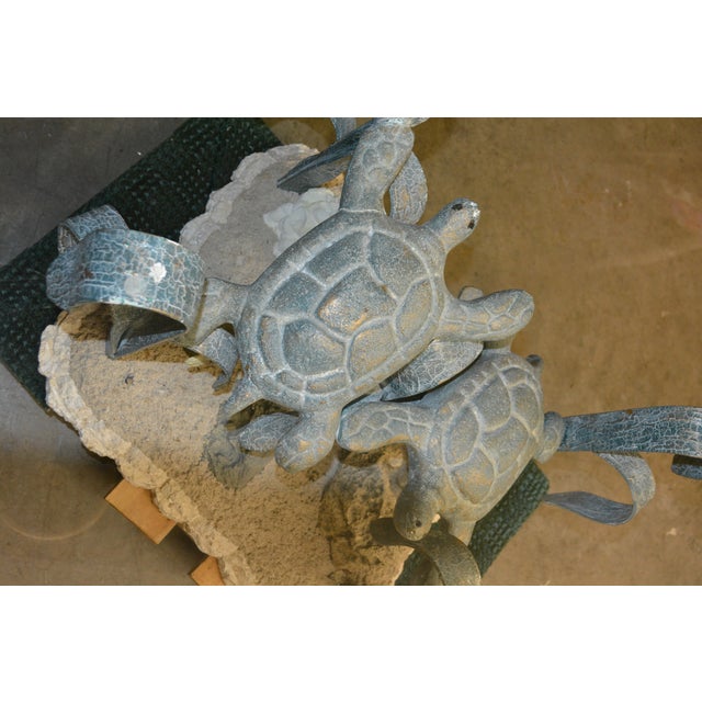 VTG Metal / 'Bronze' Aqua Patina Sea Turtles Ocean Round Glass Coffee Table For Sale - Image 15 of 18