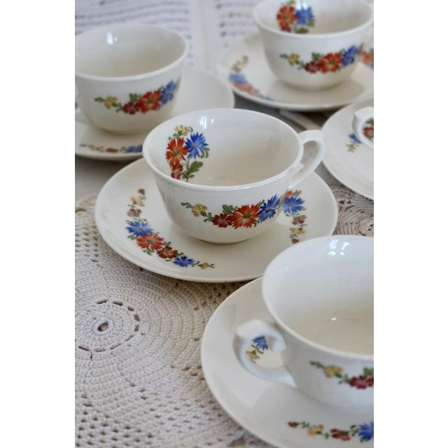 Earthenware Tea Cups and Saucers with Polychrome Floral Patterns from Royal Sphinx, Maastricht, Belgium, Set of 6 For Sale - Image 6 of 9