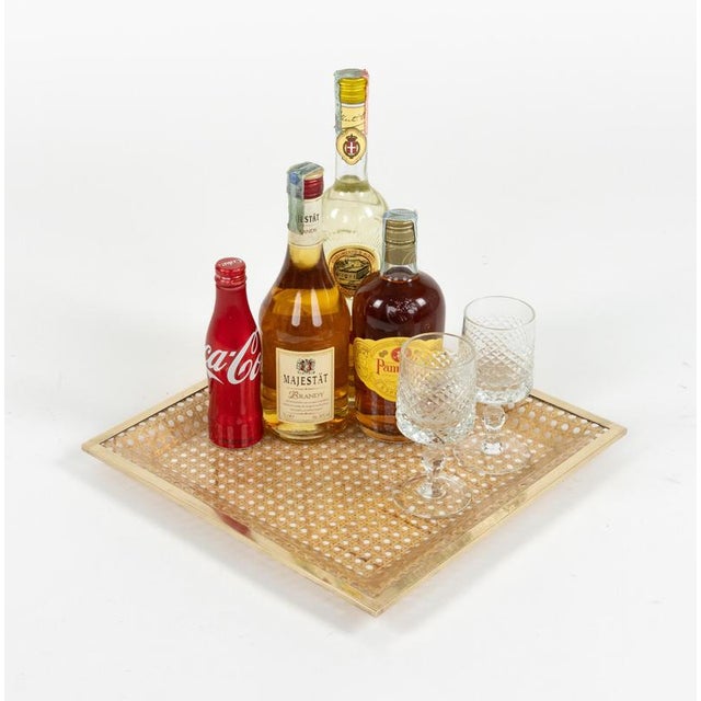 Christian Dior Mid-Century Acrylic Glass, Rattan and Brass Serving Tray in the style of Dior Home, Italy, 1970s For Sale - Image 4 of 10