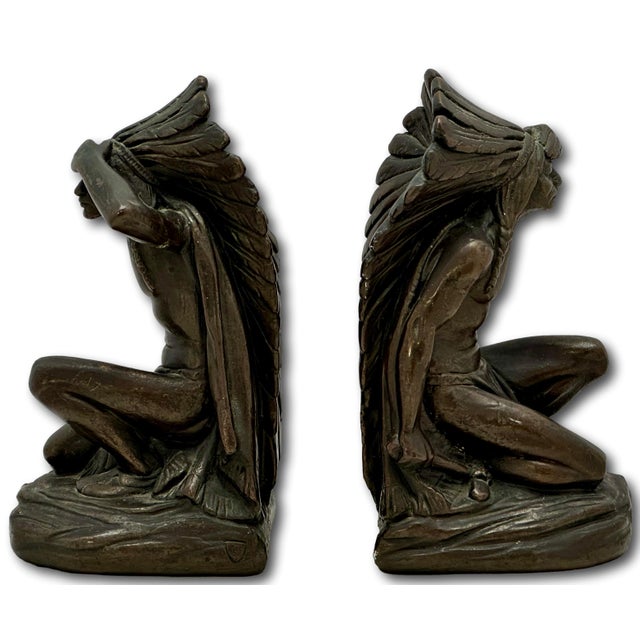 1910s Large & Unusual Antique Native American Indian Motif Bronze Clad Bookends Signed Ruhl - Circa 1910s For Sale - Image 5 of 18