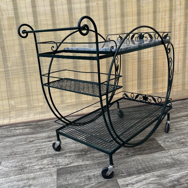 Metal Mid Century Wrought Iron Marble Top Patio Serving Cart in the Salterini Style. Circa 1960s For Sale - Image 7 of 17