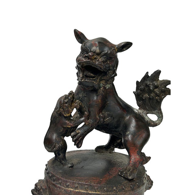 Pair Vintage Rustic Metal Fengshui Foo Dog Lion Drum Base Art Figures For Sale - Image 10 of 10