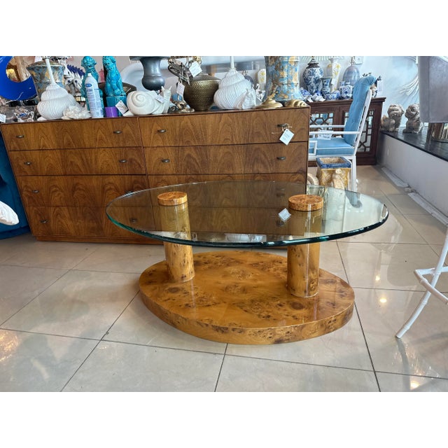 Vintage Burl Burled Wood Coffee Cocktail Table Oval Glass Top Mid ...