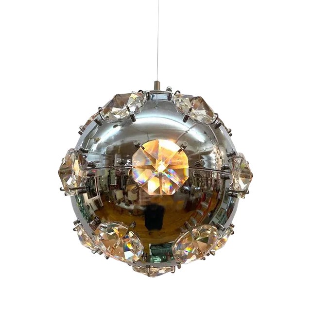 Italian 1970s Chrome Globe & Crystal Pendant Light Manner of Oscar Torlasco For Sale