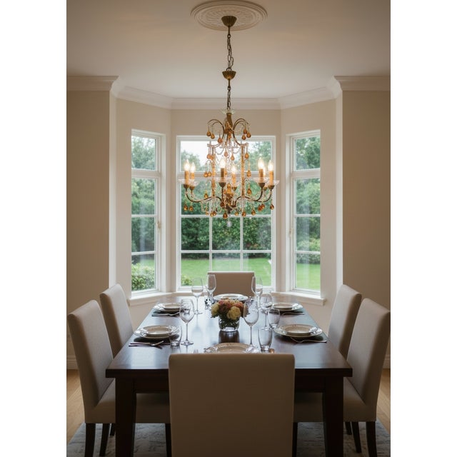 1950s Italian Florentine Giltwood Murano Amber Glass Drop 6-Light Chandelier Elegant Italian Florentine chandelier from...