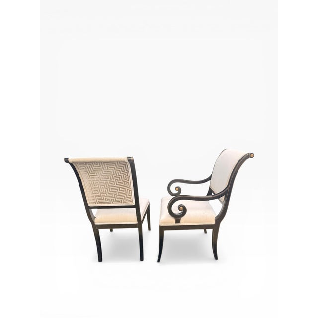 Neoclassical Late 20th Century 10 Kindel Neoclassical Dining Chairs With Scroll Arms – Newly Reupholstered For Sale - Image 3 of 15