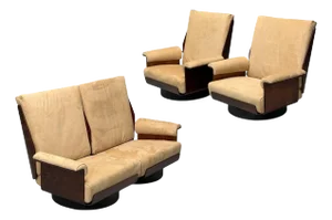 Bernard Brunier, French Mid-Century, Rosewood, Suede, Rare Sofa Set, 1960s