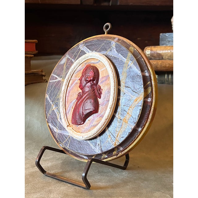Vintage Neoclassical Faux Marble Cameo Plaque With Painted Intaglio of Josiah Wedgwood I For Sale - Image 12 of 13
