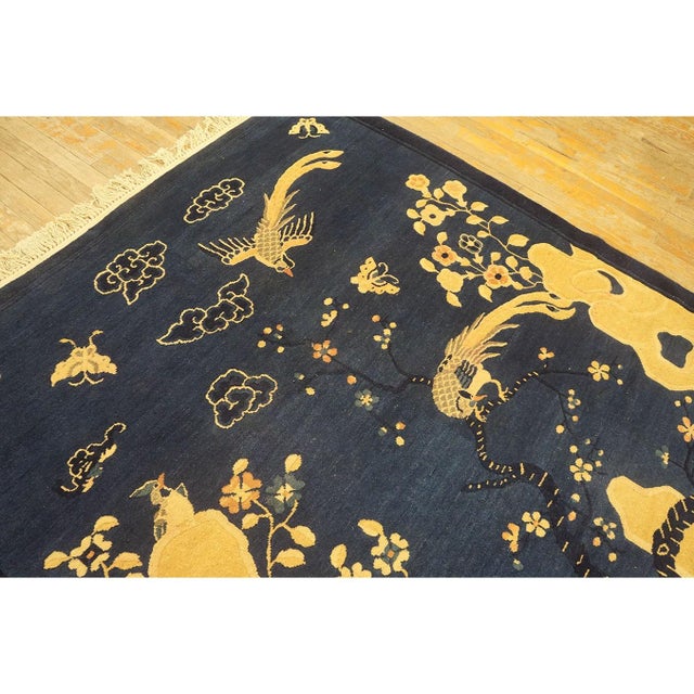 1920s 1920s Navy Blue Scene Pictorial Antique Chinese Peking Carpet Knotted Small Rug For Sale - Image 5 of 10