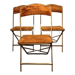 Vintage Brass & Velvet Folding Dining Chairs, Fritz & Co New York Banquet Chairs (Set of 6) For Sale