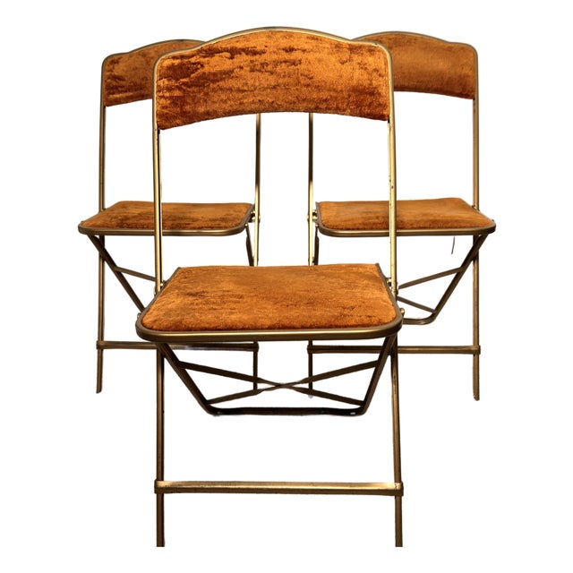Vintage Brass & Velvet Folding Dining Chairs, Fritz & Co New York Banquet Chairs (Set of 6) For Sale