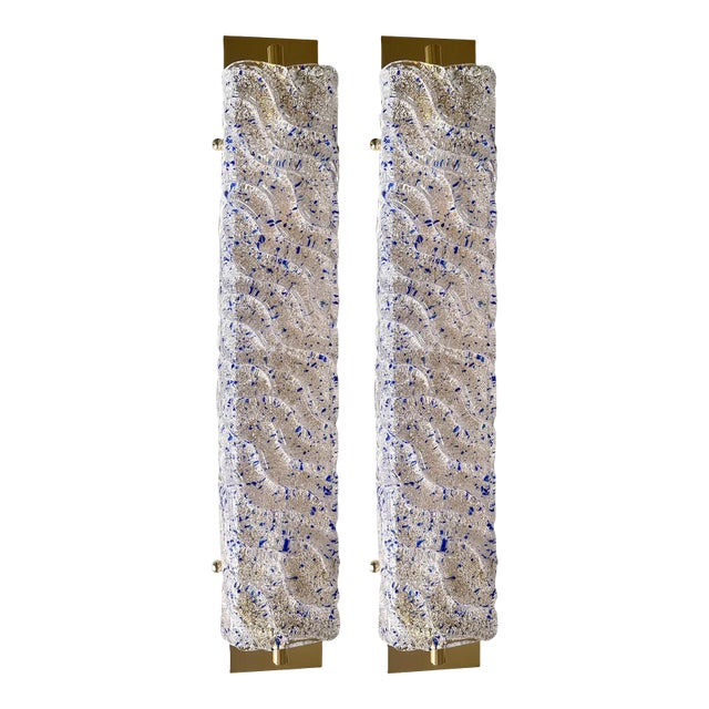 Pair of Gold Wall Sconces With Blue Graniglia Murano Glass For Sale