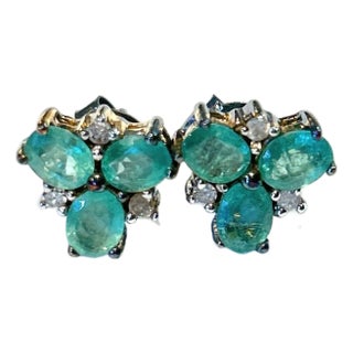Bochic “Orient” Vintage Emerald & Rose Cut Diamond Earrings Set 18K Gold & Silver For Sale