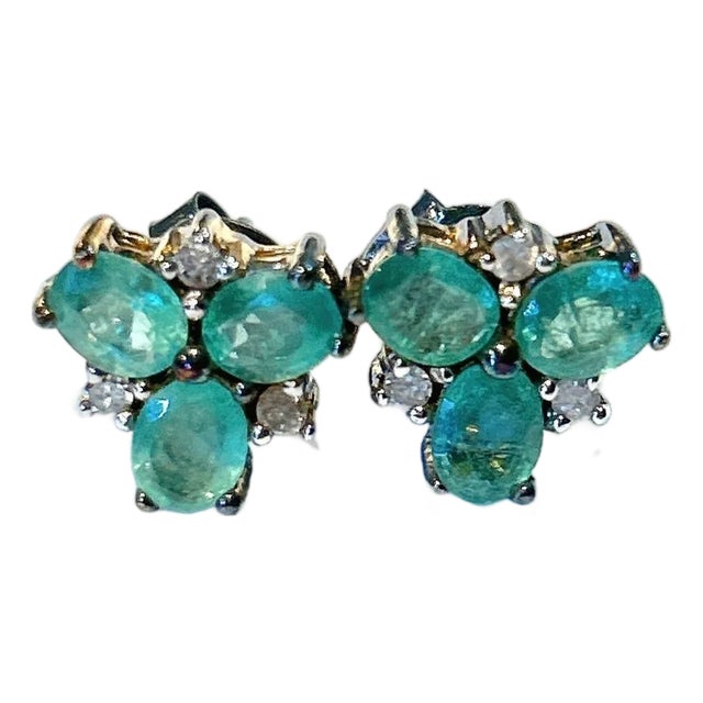 Bochic “Orient” Vintage Emerald & Rose Cut Diamond Earrings Set 18K Gold & Silver For Sale
