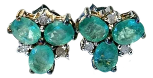 Bochic “Orient” Vintage Emerald & Rose Cut Diamond Earrings Set 18K Gold & Silver