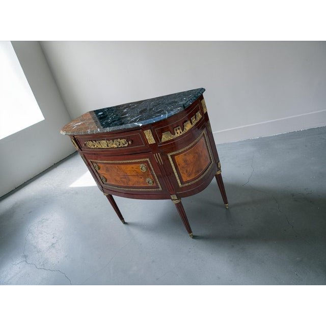 Vintage French Ormolu Louis XVI Wood Commode Chest Marble Top For Sale - Image 4 of 12