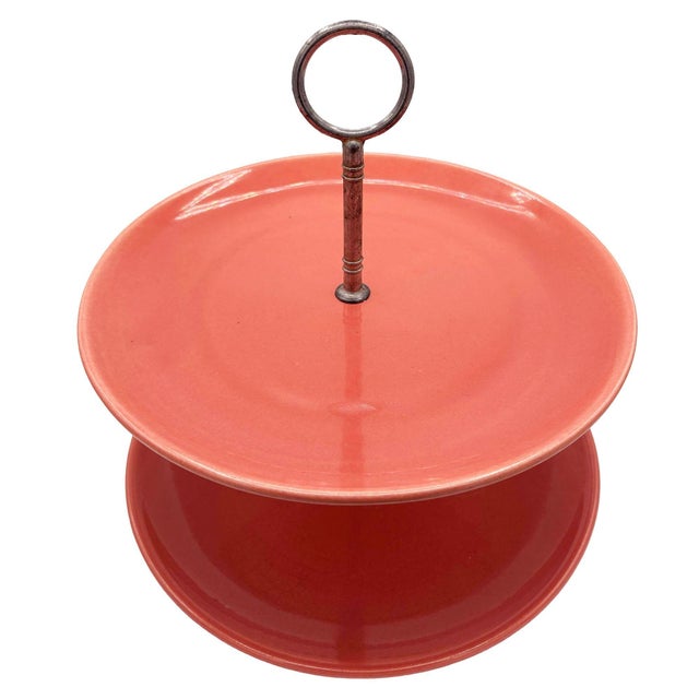 Mid-Century Modern 1950s Mid-Century Modern Pink 3 Tier Tidbit or Dessert Stand by Bauer Pottery Los Angeles For Sale - Image 3 of 5