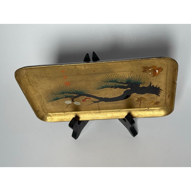 Vintage Japanese Hand Painted Lacquerware Tray on Gold Leaf & Stand For Sale - Image 9 of 12