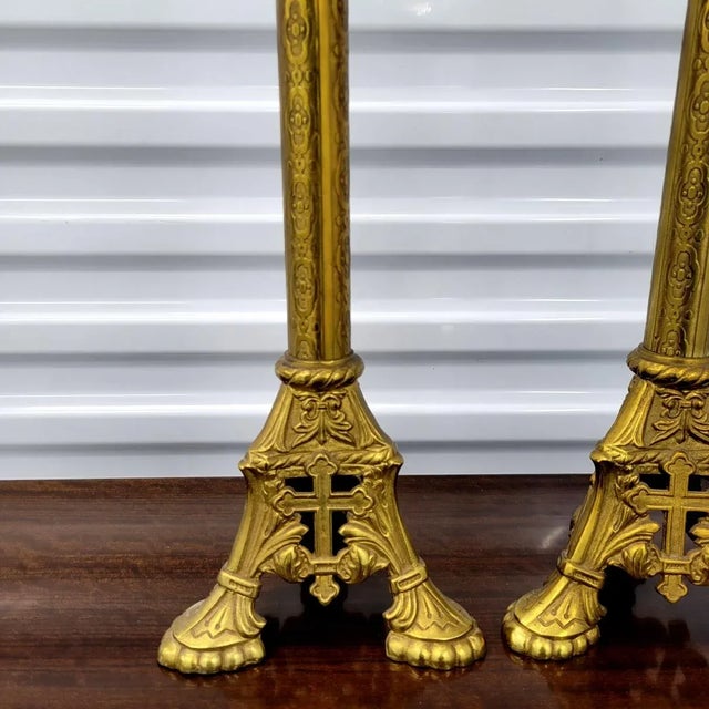 Traditional 24'' Tall Antique Gold Gilt Brass Church Candlestick Holders - a Pair For Sale - Image 3 of 7