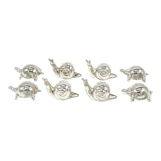Set of 8 Silver-Tone Snail & Turtle Place Card Holders – Whimsical / Coastal Cottage For Sale