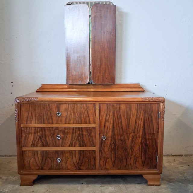 Art Deco Chest of Drawers with Folding Mirror in Walnut Veneer, 1920s For Sale - Image 14 of 18