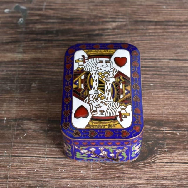 Vintage Cloisonné Enamel King of Hearts Playing Card Box / Trinket Box For Sale - Image 4 of 6