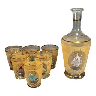 Vintage 1950s Gilded Decanter With Glasses Hand Painted Victorian Scenes - Set of 7 For Sale