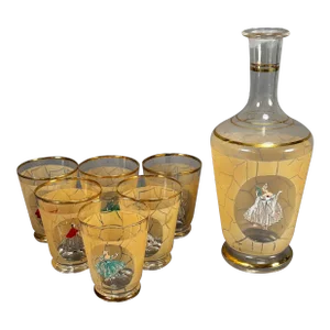 Vintage 1950s Gilded Decanter With Glasses Hand Painted Victorian Scenes - Set of 7