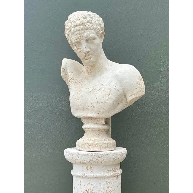 Vintage Faux Coral Cast Plaster Bust of Hermes on Pedestal For Sale - Image 10 of 12