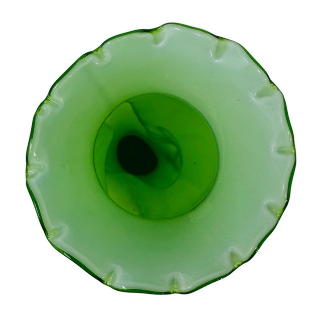Emerald Vintage 1970s Green Art Glass Hand Vase | Mid Century Modern Emerald Green Overlay | Ruffled Scalloped Rim Bud Vase MCM Home Decor For Sale - Image 8 of 9