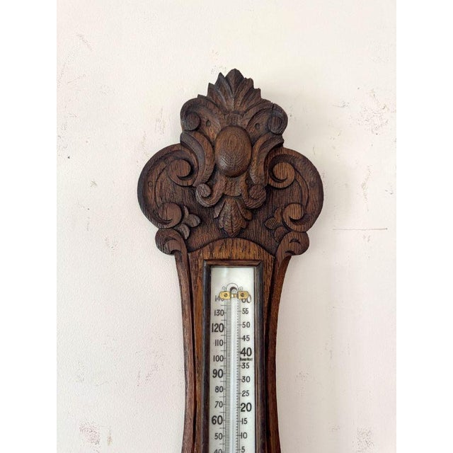 Antique Edwardian Carved Oak Aneroid Barometer, 1900s For Sale - Image 3 of 7