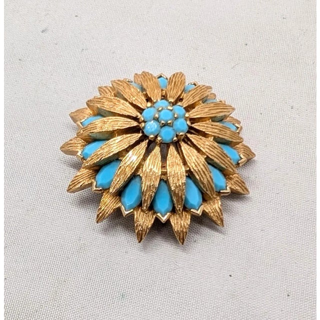 Vintage 1960s Signed Panetta Goldtone Faux-Turquoise Brooch For Sale In Philadelphia - Image 6 of 8