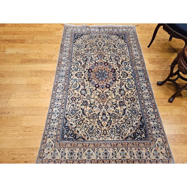 Vintage Persian Nain Area Rug, Hand-Knotted Wool & Silk, Floral Pattern, 4x7, Ivory & Blue For Sale - Image 4 of 17