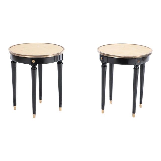 Directoire Style Ebonized Tables With Gold Gilt Glass Tops. Circa 1950. A Pair For Sale