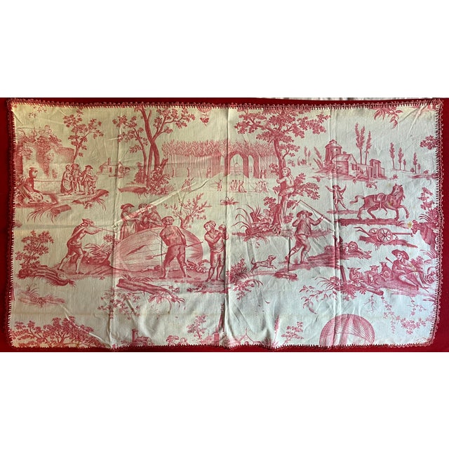 French Provincial Antique French Red and White Toile De Jouy Fabric Panel With Country Landscape Scenes For Sale - Image 3 of 9