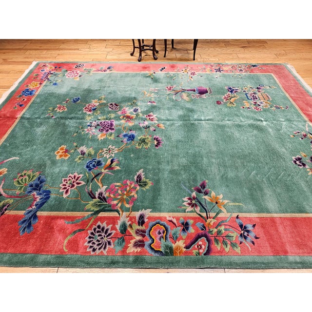 (Julius) Lars Hoftrup Vintage Chinese Art Deco Hand-Knotted Wool Rug, Floral Design, 1920s, 9' x 12' For Sale - Image 4 of 15