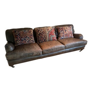 Restoration Hardware English Classic Roll Arm Three Cushion Leather Sofa For Sale