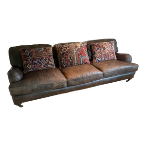 Restoration Hardware English Classic Roll Arm Three Cushion Leather Sofa