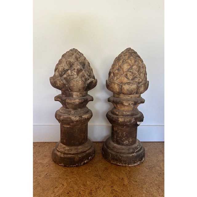 Gorgeous Pair of Vintage Carved Wood Garden Acorns on Pedestal. Hand carved. In good condition, but does have some loss...