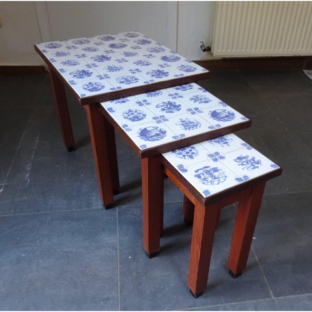 Vintage Wood Cigognes Nesting Tables with Blue Ceramic Tiles, 1950s, Set of 3, in Good conditions. Designed 1950 to 1959