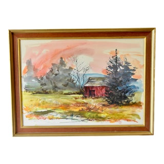 1960s Red Barn Landscape Watercolor Painting by Trella "Chris" Koczwara, Framed For Sale