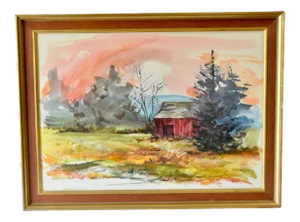 1960s Red Barn Landscape Watercolor Painting by Trella "Chris" Koczwara, Framed