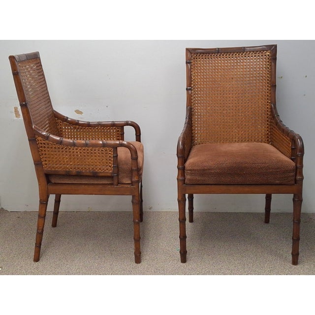 Palecek Hollywood Regency Style Double Cane Upholstered Armchairs For Sale - Image 16 of 18