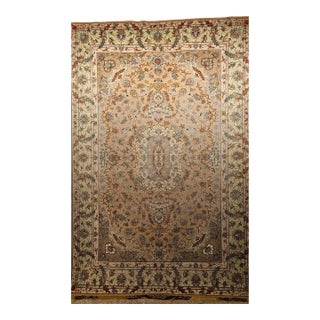 Persian Tabriz Rug, Hand-Knotted Wool & Silk, Floral Design Taupe & Pale Green, 7x10 For Sale