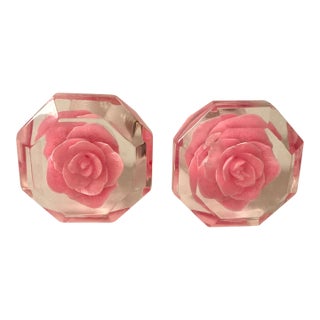 1960s Rose Imbedded Lucite Knobs - A Pair For Sale